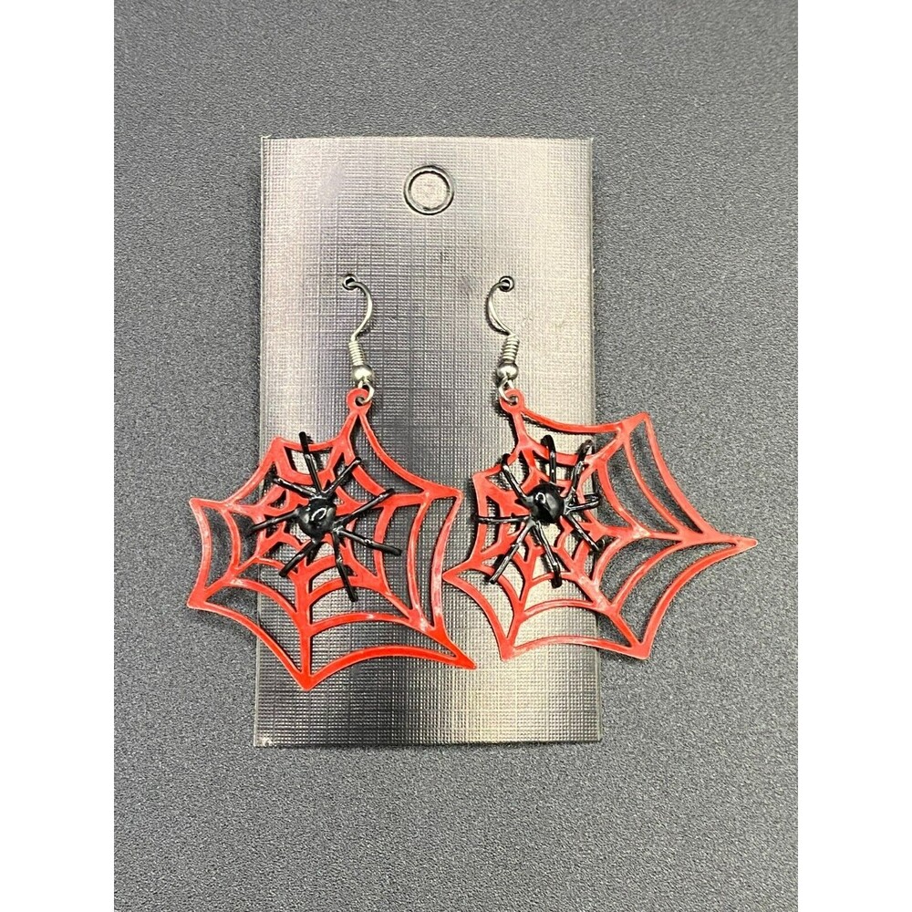 Vintage Red Spider Web Earrings Black Spider Halloween Dangle